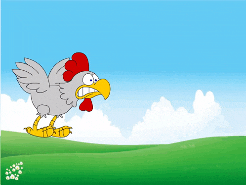 a cartoon rooster with a yellow beak is running on a grassy hill