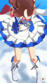 a girl in a blue and white dress is flying through the air .