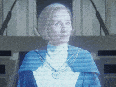a computer generated image of a woman wearing a white sweater and a blue cape