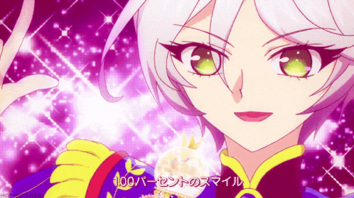 a girl with white hair and green eyes is wearing a blue and yellow outfit with the words 100 percent smile on it