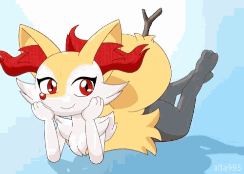 a drawing of a fox with red eyes and a yellow tail by alta995