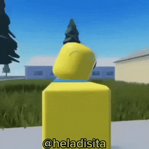 a yellow roblox character with a cone on his head is standing in a field