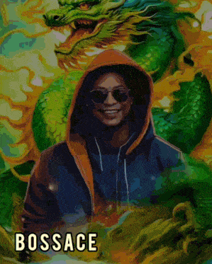 a painting of a man in a hoodie and sunglasses with the name bossace on the bottom