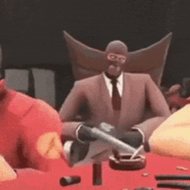 a cartoon character is sitting at a table with a gun .