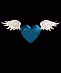 a blue heart with angel wings on a black background