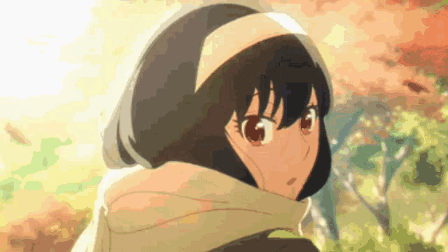 a girl with short black hair and red eyes is wearing a white headband and scarf .