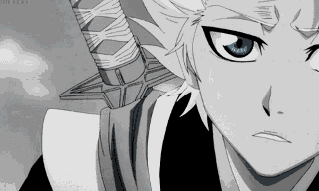 a black and white drawing of a person with blue eyes and a sword in their hand