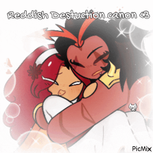 a cartoon of a man and woman hugging with the words redish destruction canon 3 below them