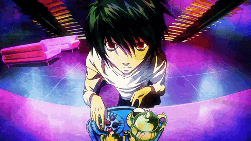 a cartoon character is holding a tray with a teapot and cup on it