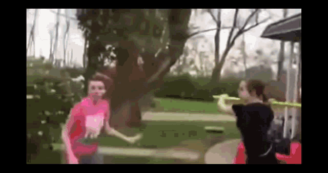 a couple of girls are playing with water guns in a park .