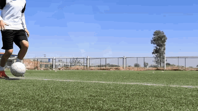 a soccer player kicks a soccer ball on a field