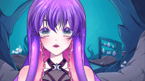 a girl with purple hair and blue eyes has a necklace with the letter s on it