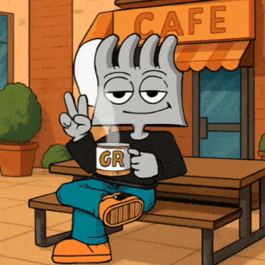 a cartoon character sitting outside of a cafe