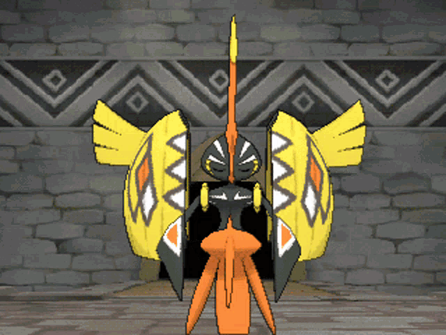 a cartoon character is standing in front of a brick wall with a pattern on it