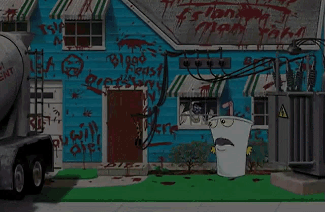 a cartoon drawing of a blue house with graffiti on it including the word blood beast
