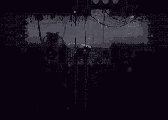a screenshot of a video game shows a dark room with a few lights on