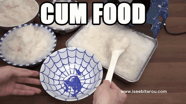 a person holding a bowl with a spider web on it and the words cum food written above it