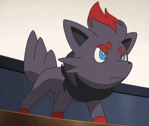 a black and red pokemon with a blue eye