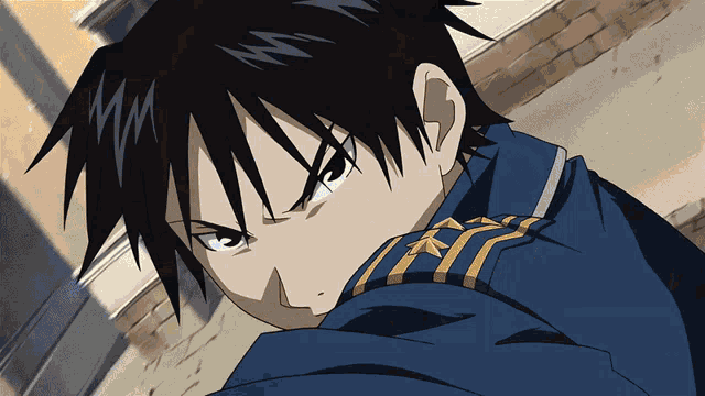 a close up of a cartoon character with black hair and a blue jacket