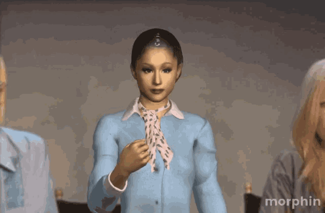 a woman in a blue shirt with a pink scarf around her neck is standing in front of a morphin logo