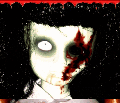 a creepy doll with blood coming out of her mouth