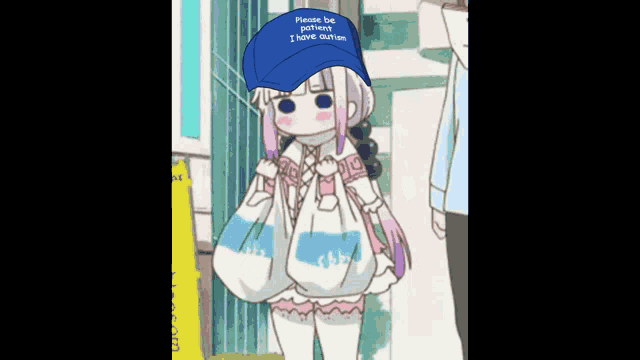 a cartoon girl wearing a hat that says please be patient i have autism