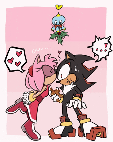a cartoon of shadow the hedgehog kissing amy rose