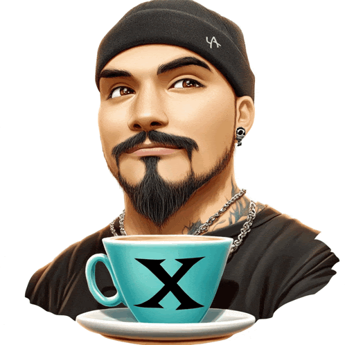 a man with a beard is holding a cup of coffee with a letter x on it