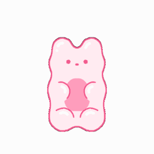 a pink gummy bear with a sad face is sitting down on a white background .