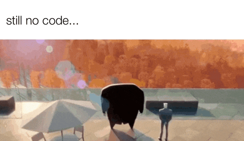 a cartoon of a man standing on a balcony with umbrellas and the words still no code