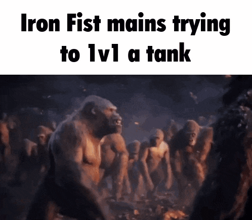 a group of gorillas are standing in a dark forest with the words iron fist mains trying to lv1 a tank