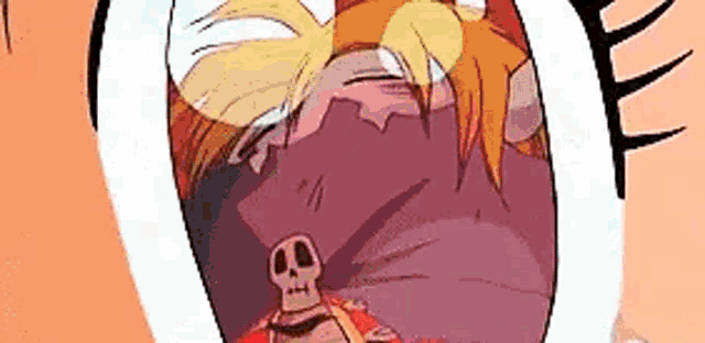 a close up of a cartoon character with a skull on his face .