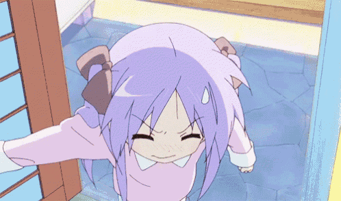 a girl with purple hair is standing in a doorway with her eyes closed