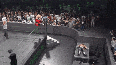 a wrestling match is being played in front of a crowd with a sign that says ' aggression '