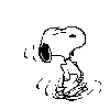 snoopy is dancing in a black and white pixel art drawing .