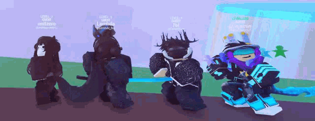 a group of roblox characters are standing next to each other holding swords