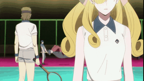 a girl with blonde hair is holding a tennis racquet in her hand