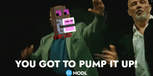 a man in a suit is dancing with the words " you got to pump it up " below him