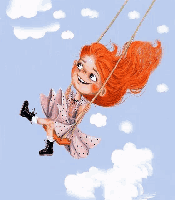 a girl with red hair is sitting on a swing
