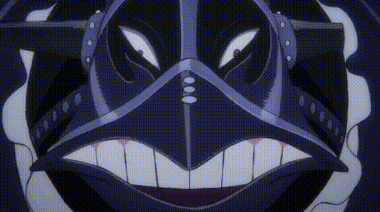 a close up of a cartoon character 's face with a huge smile and teeth .