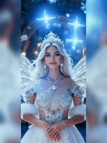 a woman in a white dress with wings and a tiara on her head