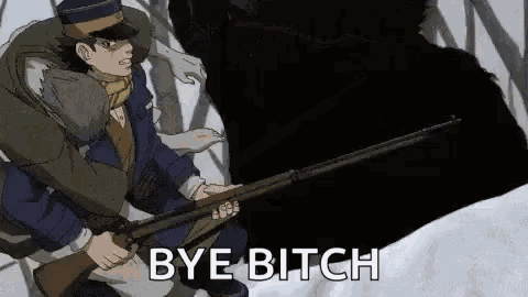 a man is holding a gun and says `` bye bitch '' while standing next to a bear .