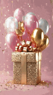 a gift box with balloons coming out of it on a pink background
