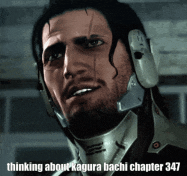 a man wearing a helmet with the words thinking about kagura bachi chapter 347 on the bottom