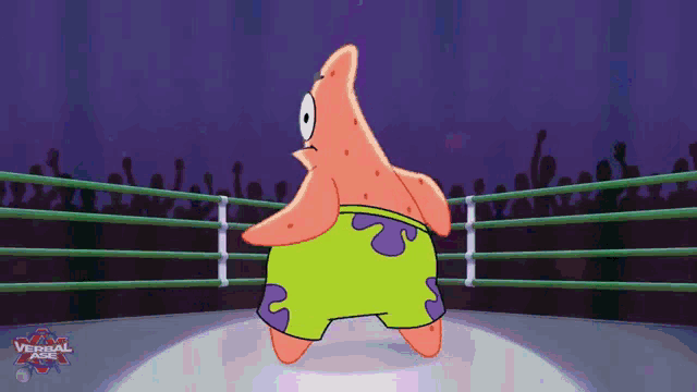 patrick star from spongebob squarepants is standing in a boxing ring with a crowd behind him