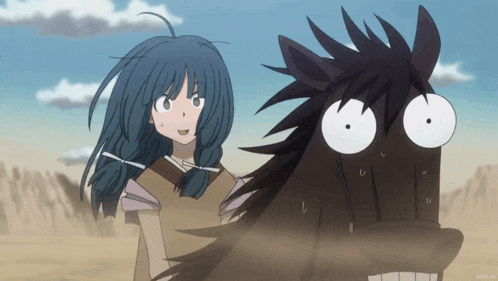 a girl with blue hair is standing next to a cartoon horse