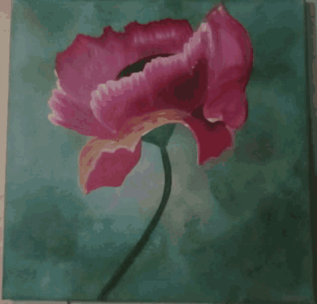 a painting of a pink flower against a green background