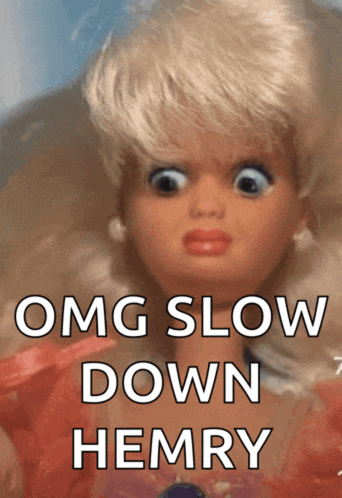 a picture of a barbie doll with the words " omg slow down hemry " on the bottom