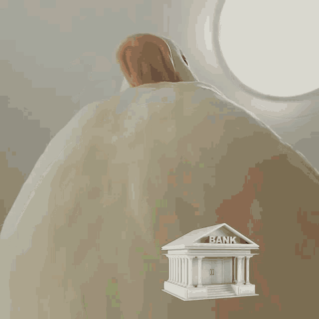 a cartoon drawing of a bank with a bird behind it