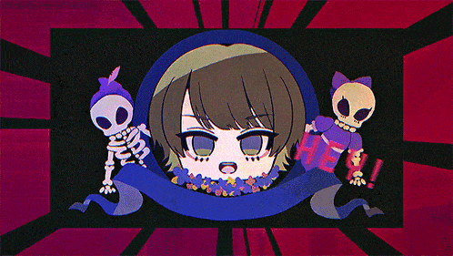 a cartoon drawing of a girl and a skeleton with the word hey in red letters